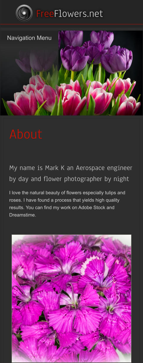Navigation Menu    FreeFlowers.net About  My name is Mark K an Aerospace engineer by day and flower photographer by night  I love the natural beauty of flowers especially tulips and roses. I have found a process that yields high quality results. You can find my work on Adobe Stock and Dreamstime. Navigation Menu